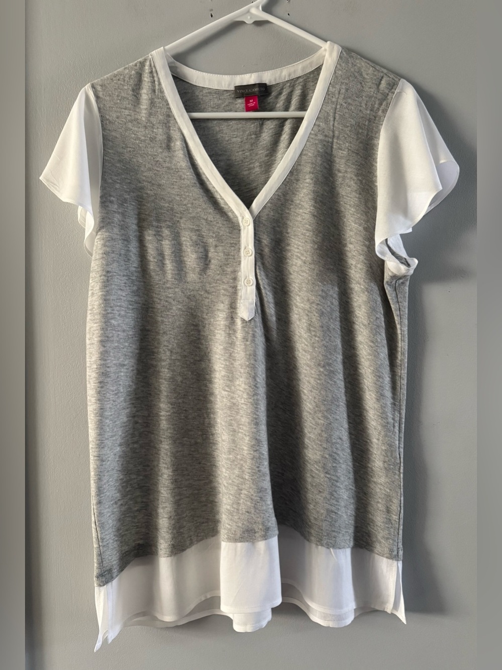 Vince Camuto Medium Gray Modal Flutter Sleeve Henley Top